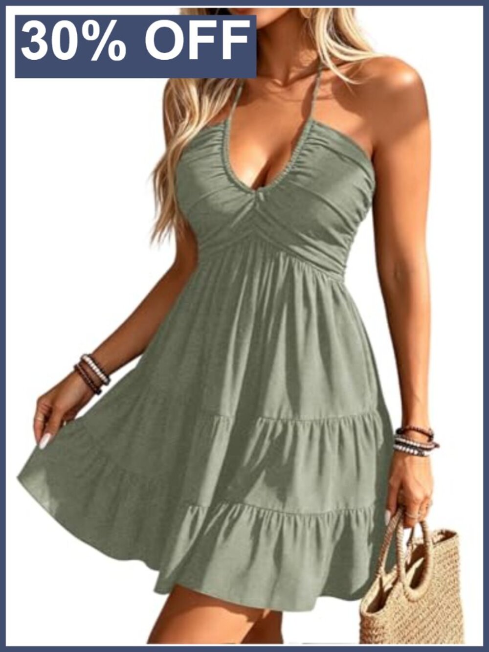 Flowy Backless Halter Mini Sundress Sleeveless A-Line Ruffle Hem